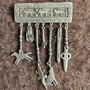 Vintage JJ 1988 Southwestern Storyteller Brooch Pin Animal Charms Pewter Tone